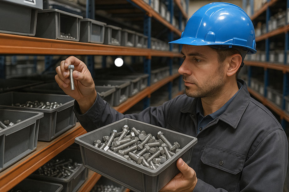 1. baut stainless steel tahan karat di rak penyimpanan 2. teknisi memilih baut stainless di gudang industri 3. baut stainless kualitas premium di katalog tokohasil.com 4. perbedaan baut stainless dengan baut biasa 5. contoh penggunaan baut stainless di konstruksi baja ringan