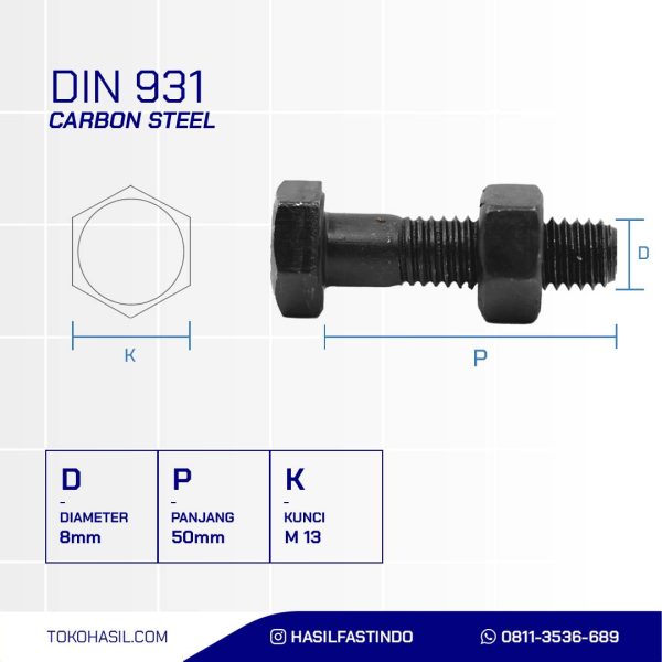 BOLT NUT STEEL MM 8.8 HALF THREAD DIN 931 BLACK HEAT M08 X 50MM P1.25