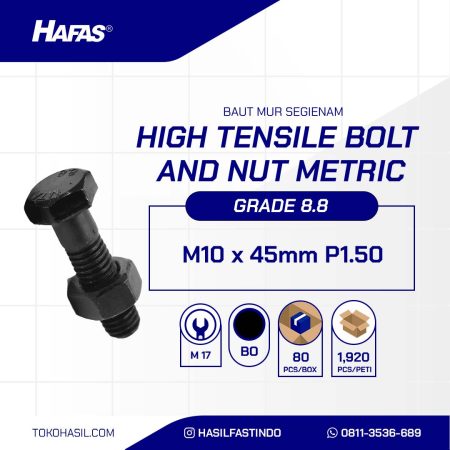 BOLT NUT STEEL MM 8.8 HALF THREAD DIN 931 BLACK HEAT M10 X 45MM P1.50