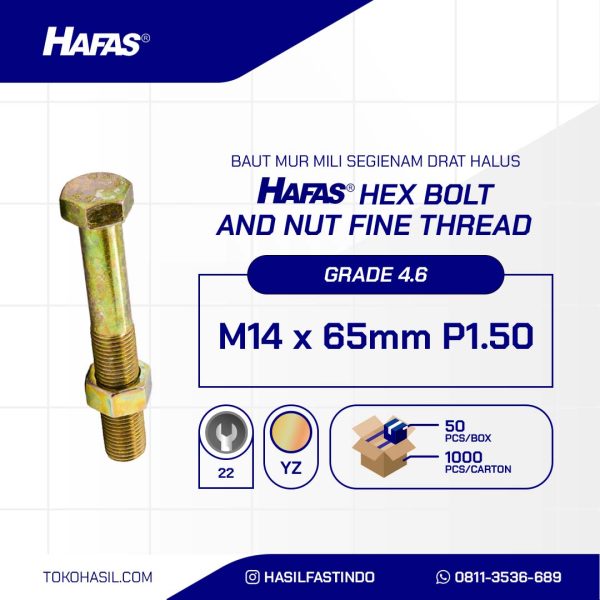 BOLT NUT MM 4.6 HALF THREAD FINE DIN 931 YELLOW UCP M14 X 65MM P1.50