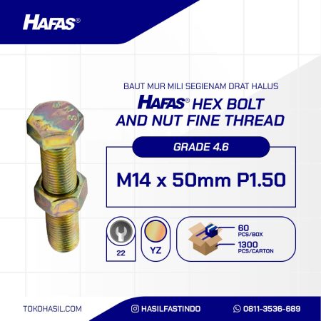 BOLT NUT MM 4.6 FULL THREAD FINE DIN 933 UCP YELLOW M14 X 50MM P1.50