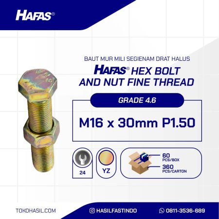 BOLT NUT MM 4.6 FULL THREAD FINE DIN 933 YELLOW UCP M16 X 30MM P1.50