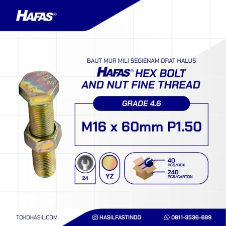 BOLT NUT MM 4.6 FULL THREAD FINE DIN 933 YELLOW UCP M16 X 60MM P1.50