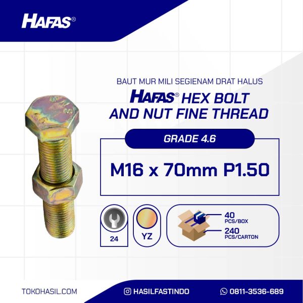BOLT NUT MM 4.6 FULL THREAD FINE DIN 933 YELLOW UCP M16 X 70MM P1.50