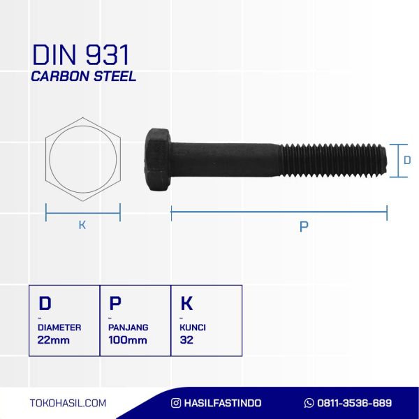 STEEL BOLT MM 10.9 HALF THREAD DIN 931 BLACK HEAT M22 X 100MM P2.50