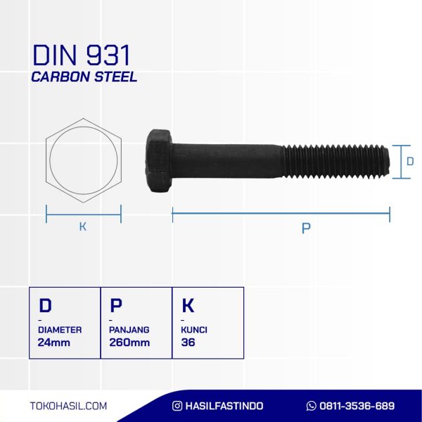 STEEL BOLT MM 10.9 HALF THREAD DIN 931 BLACK HEAT M24 X 260MM P3.00
