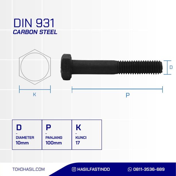 STEEL BOLT MM 10.9 HALF THREAD DIN 931 BLACK HEAT M10 X 100MM P1.50