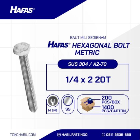 BAUT STAINLESS STEEL UNC SUS 304 FULL DRAT DIN 933 1/4 X 2 20TPI