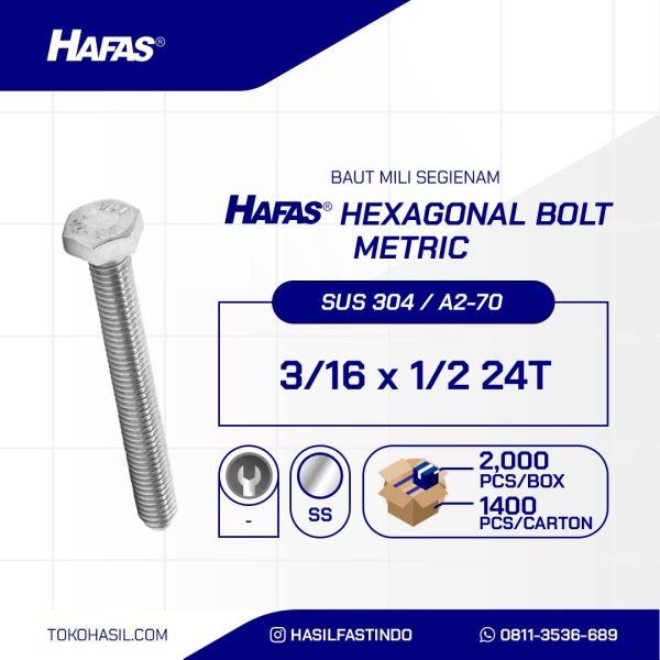 BAUT STAINLESS STEEL UNC SUS 304 FULL DRAT DIN 933 3/16 X 1/2 24TPI