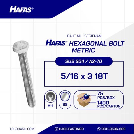 BAUT STAINLESS STEEL UNC SUS 304 FULL DRAT DIN 933 5/16 X 3 18TPI