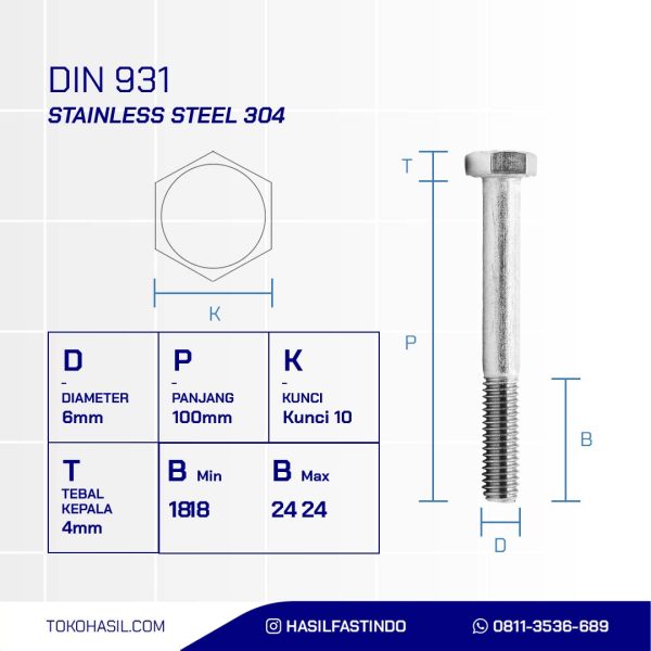 STAINLESS STEEL BOLT MM SUS 304 HALF THREAD DIN 931 M06 X 100MM P1.00