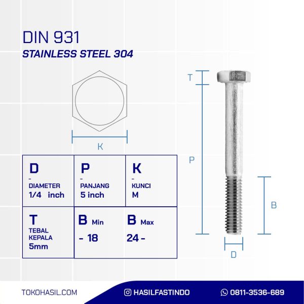 BAUT STAINLESS STEEL UNC SUS 304 HALF DRAT DIN 931 1/4 X 5 20TPI