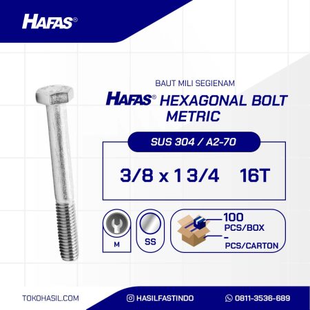 BAUT STAINLESS STEEL UNC SUS 304 HALF DRAT DIN 931 3/8 X 1 3/4 16TPI