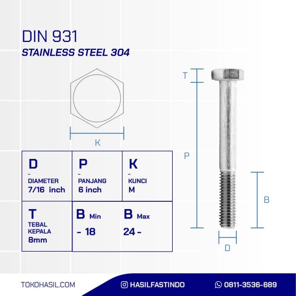 BAUT STAINLESS STEEL UNC SUS 304 HALF DRAT DIN 931 7/16 X 6 14TPI