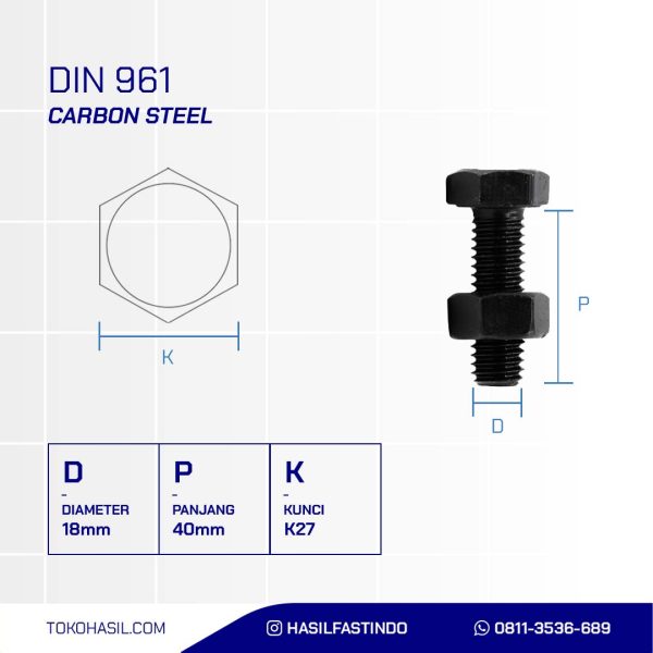 STEEL BOLT NUT MM 8.8 FULL THREAD SMOOTH DIN 961 BLACK BURN M18 X 40MM P1.50