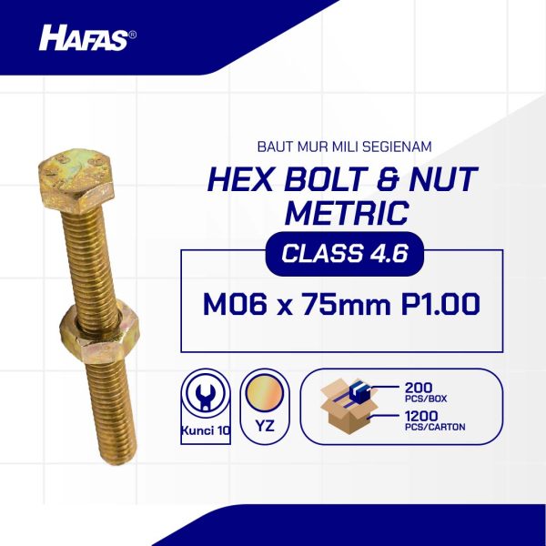 BOLT NUT MM 4.6 FULL THREAD DIN 933 YELLOW M06 X 75 P1.00