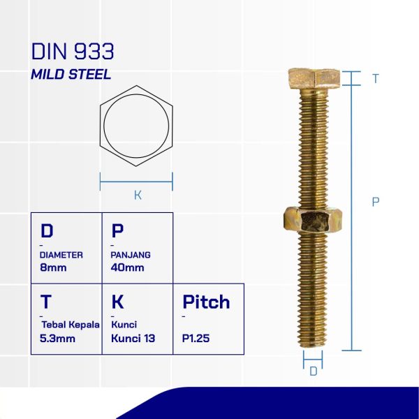 BOLT NUT MM 4.6 FULL THREAD DIN 933 YELLOW M08 X 40 P1.25