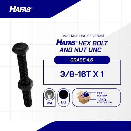 BAUT MUR UNC 4.6 FULL DRAT DIN 933 HITAM BAKAR 3/8 X 1 16TPI