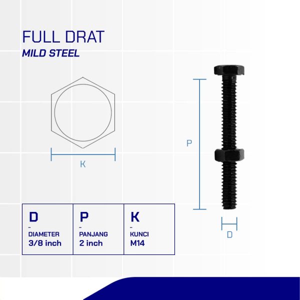 BAUT MUR UNC 4.6 FULL DRAT DIN 933 HITAM BAKAR 3/8 X 2 16TPI