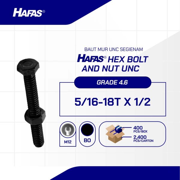 BAUT MUR UNC 4.6 FULL DRAT DIN 933 HITAM BAKAR 5/16 X 1/2 18TPI