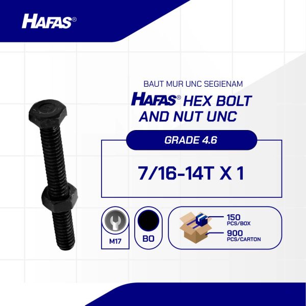 BAUT MUR UNC 4.6 FULL DRAT DIN 933 HITAM BAKAR 7/16 X 1 14TPI