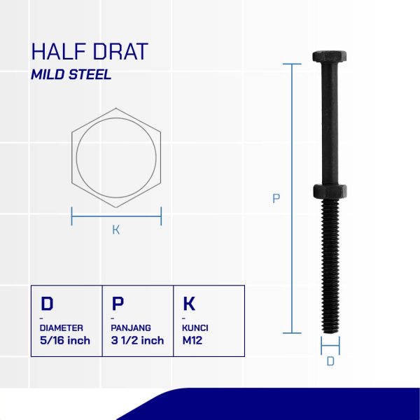 BAUT MUR UNC 4.6 HALF DRAT DIN 931 HITAM BAKAR 5/16 X 3 1/2 18TPI