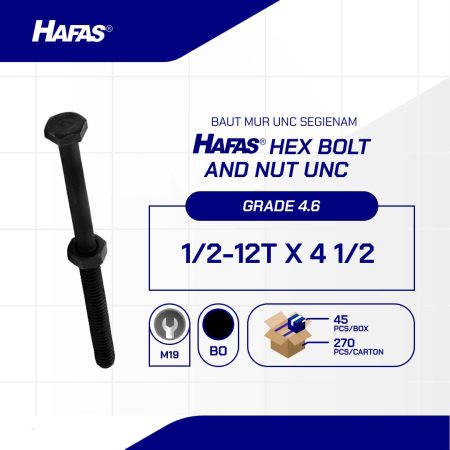 BAUT MUR UNC 4.6 HALF DRAT DIN 931 HITAM BAKAR 1/2 X 4 1/2 12TPI