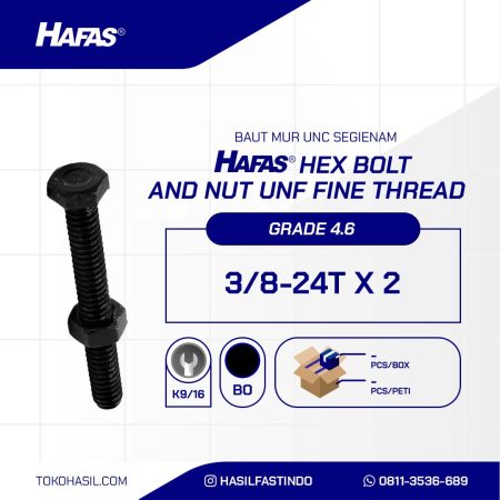 BAUT MUR UNF 4.6 FULL DRAT HALUS DIN 933 HITAM BAKAR 3/8 X 2 24TPI