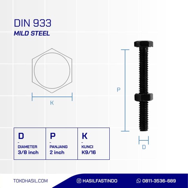 BAUT MUR UNF 4.6 FULL DRAT HALUS DIN 933 HITAM BAKAR 3/8 X 2 24TPI