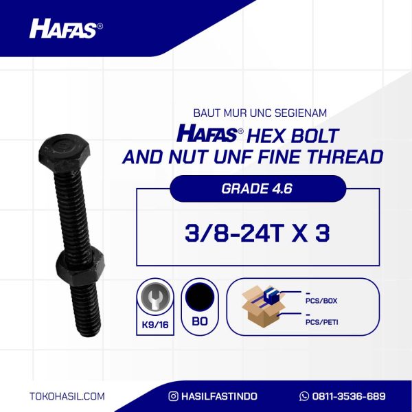 BAUT MUR UNF 4.6 FULL DRAT HALUS DIN 933 HITAM BAKAR 3/8 X 3 24TPI