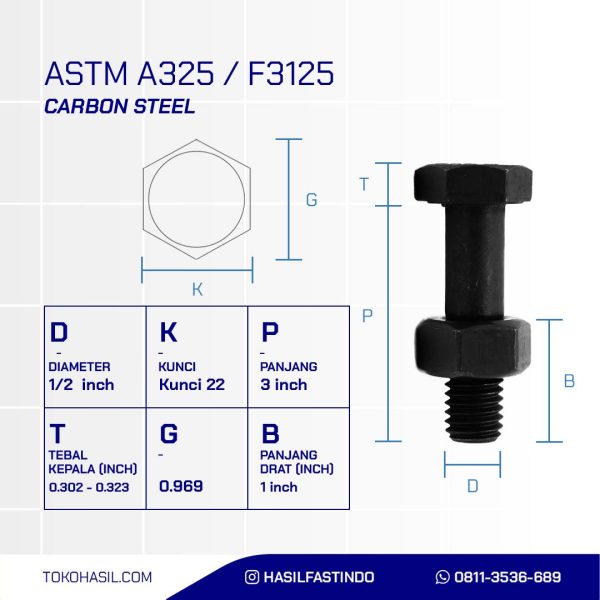 BAUT MUR BAJA A325 HITAM BAKAR 1/2 X 3.DRAT HALF 13TPI