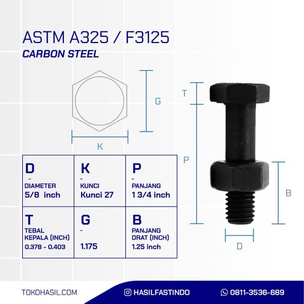 BAUT MUR BAJA A325 HITAM BAKAR 5/8 X 1 3/4.DRAT HALF 11TPI