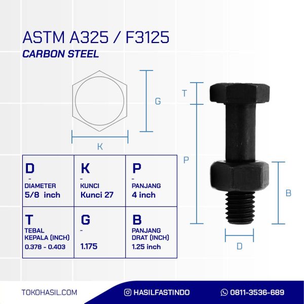 BAUT MUR BAJA A325 HITAM BAKAR 5/8 X 4.DRAT HALF 11TPI
