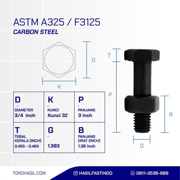 BAUT MUR BAJA A325 HITAM BAKAR 3/4 X 3.DRAT HALF 10TPI