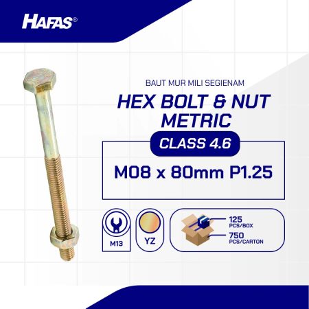 BOLT NUT MM 4.6 HALF THREAD DIN 931 YELLOW M08 X 80 P1.25