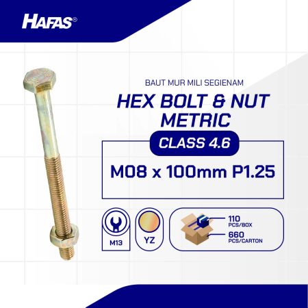 BOLT NUT MM 4.6 HALF THREAD DIN 931 UCP YELLOW M08 X 100 P1.25