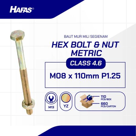 BOLT NUT MM 4.6 HALF THREAD DIN 931 UCP YELLOW M08 X 110 P1.25