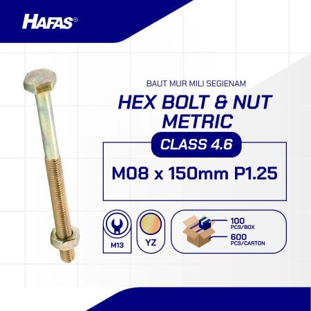 BOLT NUT MM 4.6 HALF THREAD DIN 931 UCP YELLOW M08 X 150 P1.25