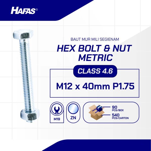 BOLT NUT MM 4.6 FULL THREAD DIN 933 UCP WHITE M12 X 40 P1.75