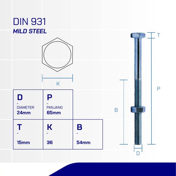BOLT NUT MM 4.6 HALF THREAD DIN 931 UCP WHITE M24 X 65 P3.00