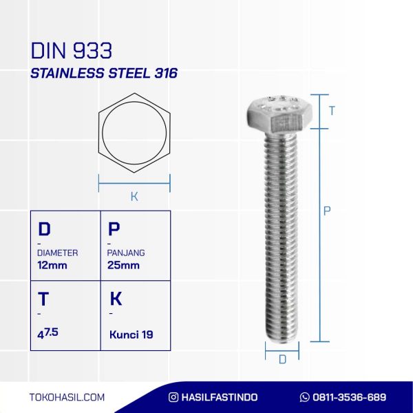 STAINLESS STEEL BOLT MM SUS 316 FULL THREAD DIN 933 M12 X 25MM P1.75