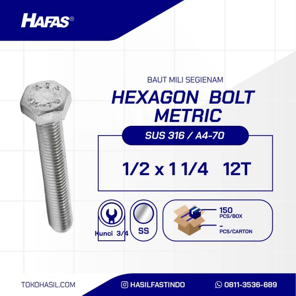 BAUT STAINLESS STEEL UNC SUS 316 FULL DRAT DIN 933 1/2 X 1 1/4 12TPI