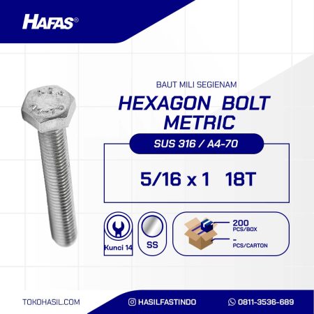 BAUT STAINLESS STEEL UNC SUS 316 FULL DRAT DIN 933 5/16 X 1 18TPI