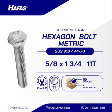 BAUT STAINLESS STEEL UNC SUS 316 FULL DRAT DIN 933 5/8 X 1 3/4 11TPI