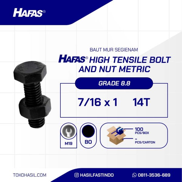 BAUT MUR UNC BAJA 8.8 FULL DRAT DIN 933 HITAM BAKAR 7/16 X 1 14TPI
