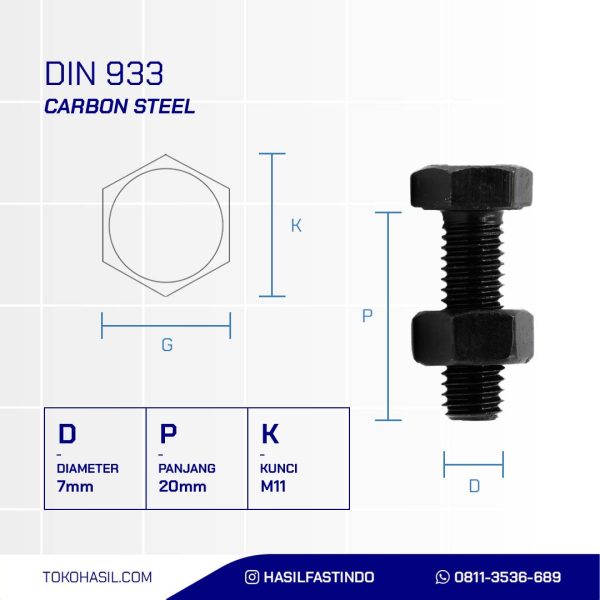 BOLT NUT STEEL MM 8.8 FULL THREAD DIN 933 BLACK BURNED M07 X 20MM P1.00