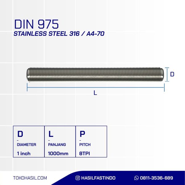 ASDRAT STAINLESS STEEL SUS 316 1'' X 1000mm 8TPI