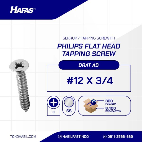 Tapping Screw FH+ Stainless Steel SUS 304 M5.5 X 20 (#12 X 3/4)
