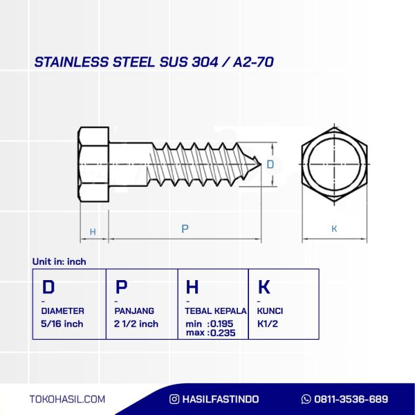 DESK SCREW / LAG SCREW STAINLESS SUS 304 5/16 X 2 1/2