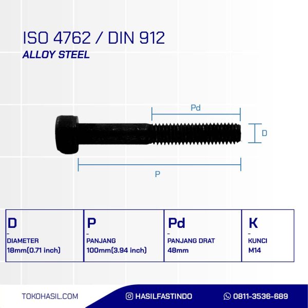 SOCKET CAP SCREW STEEL 12.9 BLACK BURN M18 X 100mm P2.50
